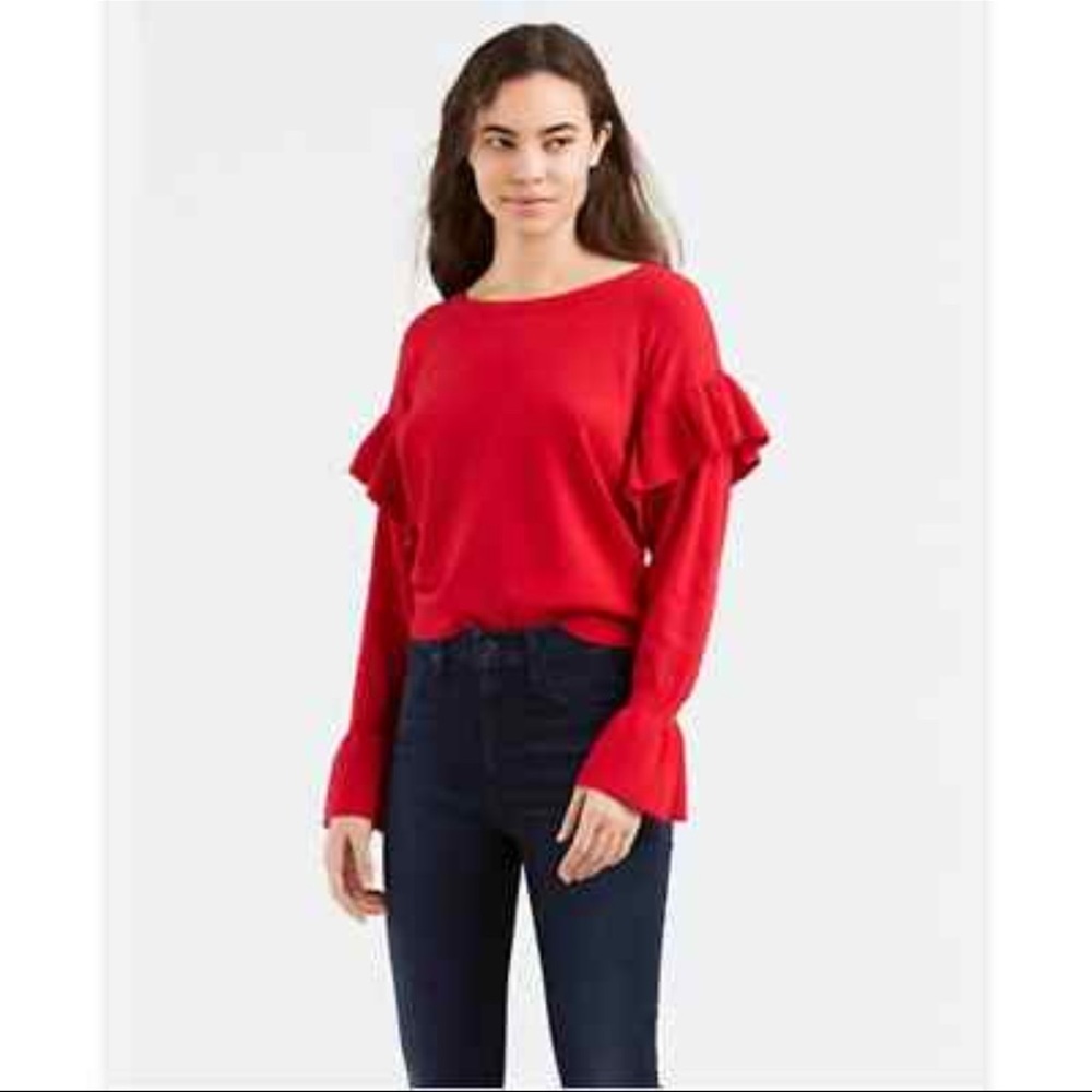 Zara Women’s Red Orange Bell Sleeves Ruffle Knit Long Sleeve Flounce Sweater - Picture 10 of 15